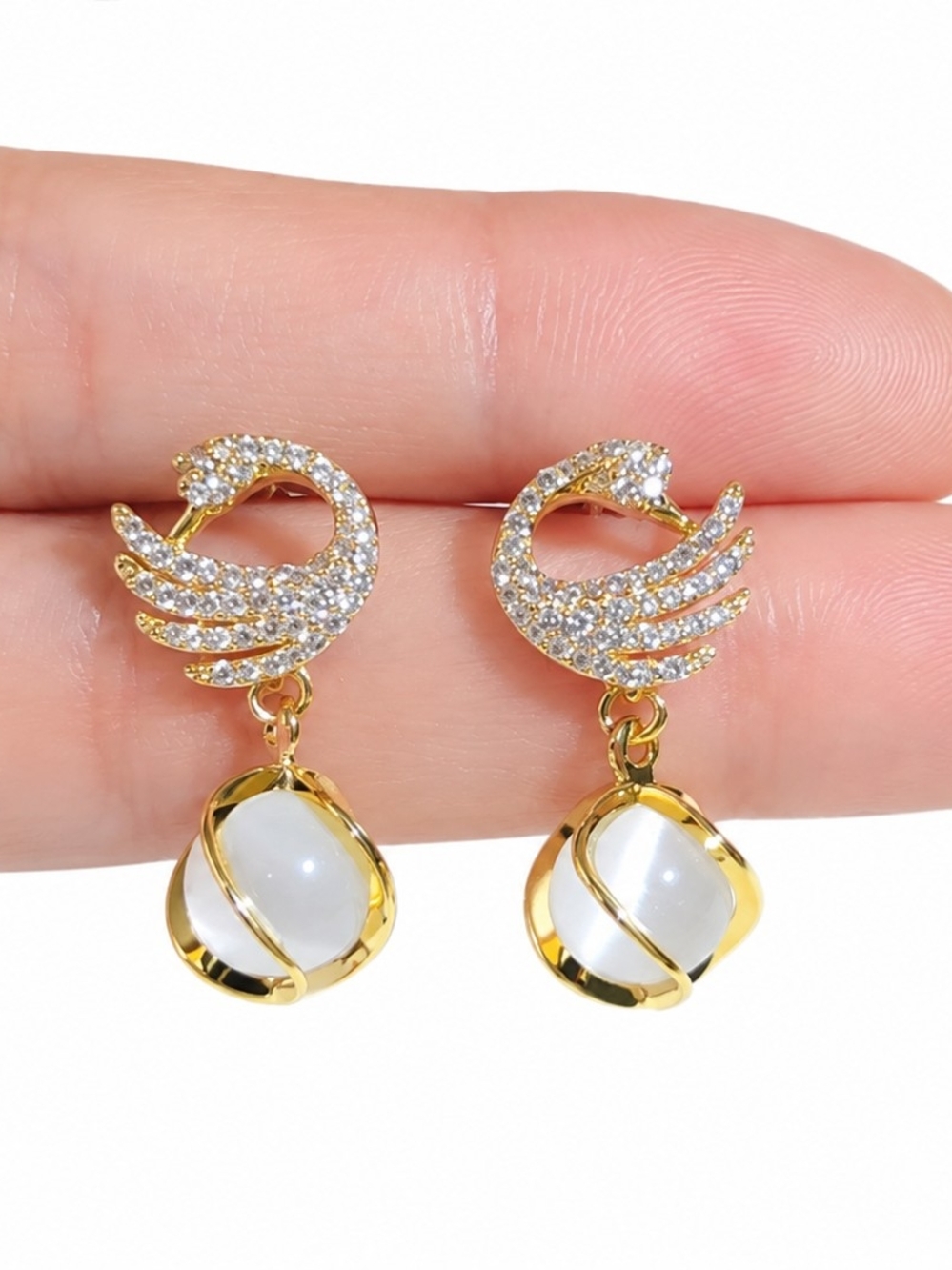 Gold Swan Pearl Drop Earrings - White Pearl
